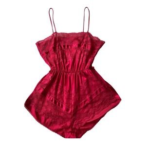 VINTAGE Texsheen RED TEDDY SILKY SATIN NYLON & LACE LINGERIE ROMPER SIZE P